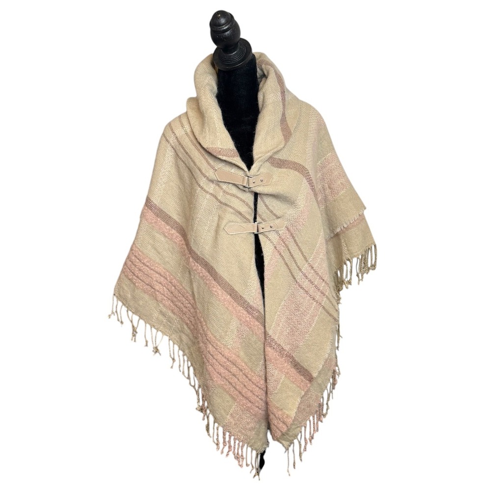 Mixit Pink Plaid Fringe Trim Knit Poncho Womens OS Cozy Layering Wrap Cape NEW